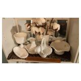 MILK GLASS BASKET, COMPOTE CREAM/SUGAR & MORE
