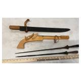 RUBBER BAND GUN, SPEARS, & WOOD KNIFE
