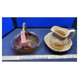 GLASS BASKET, VASES & BOWL W/ PITCHER
