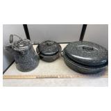 ENAMELWARE PITCHER, POTS, PANS AND LIDS