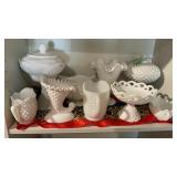 MILK GLASS COMPOTES, RUFFELD VASE,  PITCHER & MORE