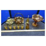 GLASS FENTON BASKET, COMPOTE BOWL, BELLS &