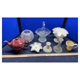 GLASS BASKET, CANDLE STICK HOLDERS, & MORE
