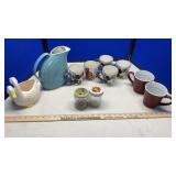 HALL POTTERY PITCHER & MISC. COFFEE CUPS