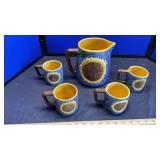 METROPOLITAN MAJOLICA SUNFLOWER PITCHER AND CUPS