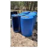 (8) PLASTIC 55 GAL. DRUMS (ONE IS CUT OPEN)