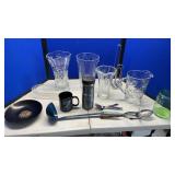GLASS PTCHERS, PRESSURE COOKER, PANS & MISC.