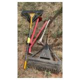 (2) LEAF RAKES, FENCE POST PULLER & SPLITTING MAUL