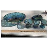 CARNIVAL GLASS, BUTTER DISH, NESTING HENS, & MISC