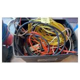 TOTE FULL OF EXTENSION CORDS AND POWER STRIP