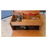WOOD TACKLE BOX, REELS, MINNOW BUCKET AND TACKLE