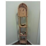 Bamboo shelving with clock, shells, etc. 5ft T