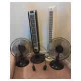 2 tower fans, 2 tabletop, 1 neck fan
