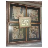 5 pc Asian art 4 with bamboo frames