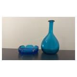 Vintage Blue Glass Decanter & Lotus Ashtray