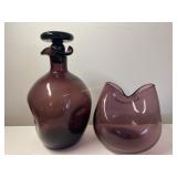 Vintage Art Glass Decanter ( 9 In Tall ) & Vase