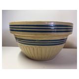 Yellow Ware Bowl with Blue Stripes. 9 In Diameter