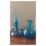 Blue Hand Blown Art Glass Vase & Decanter
