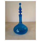 Hand Blown Blue Art Glass Decanter. 12 In High