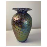 Iridescent Hand Blown Art Glass Vase. 6 In High