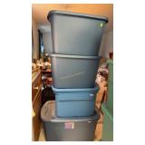 4 Plastic Lidded Totes. Biggest is 28 x 17 x 16.