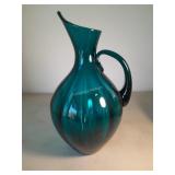 Turquoise Hand Blown Art Glass Pitcher.  13 In H
