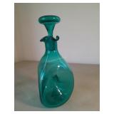 Turquoise Blown Glass Decanter. 10 In Tall