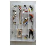 Clear fishing tackle box w/Jigs, spinners & bait