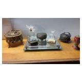 Dresser Items. Perfume Bottles, Metal Trinket