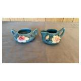 Roseville Cream & Sugar Bowls. Blue / Flowers