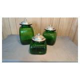 Green Glass Canister Set / Lids. Tallest 11 In