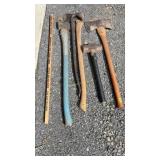 Axes, sledge hammer, pry bar
