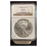 1998 MS69 Silver Eagle Dollar NGC Graded