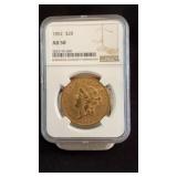 1852 Liberty Head $20 Double Eagle Gold Coin