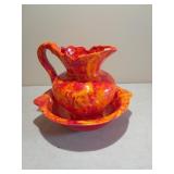 Orange Red Drip Swirl Pottery Wash Bowl & Pitcher