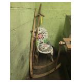 2 SICKLES, CAST CHAIR, NEEDS REPAIR