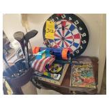DARTBOARD, GOLD CLUBS & BAG, MISC ON TABLE