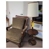 GREEN CUSHIONED ARMCHAIR & SIDE TABLE LAMP