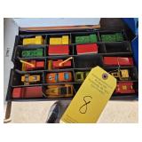 TRAY OF HOT WHEELS, MATCHBOX, TRAINS, FARM EQUIP &