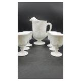 Grape Pattern Milk Glass Pitcher & 6 Footed Goblet