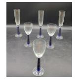 6 Champagne Fluted with Colbalt Blue Swirl Bottom