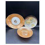 J. J. Pratt Plate, 2 Opalescent Orange Bowls