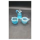 Vtg Fenton Blue/White Opalescent Hobnail Cruet &