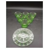 6 Green Glass Punch Cups & 1 Sauce