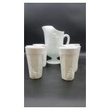 Grape Pattern Milk Glass Pitcher & 8 Tumblers