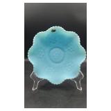 Vtg Fenton Blue Satin Custard Glass Ruffled Bowl