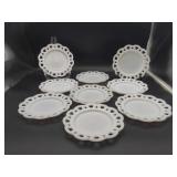 9 Milk Glass Open Lace Plates