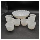 Milk Glass Swirl Bowl & 8 Milk Glass Punch Cups