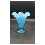 Vtg Blue Opalescent Hobnail Footed Glass Vase