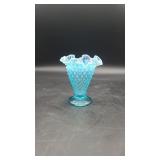 Vtg Blue Opalescent Hobnail Glass Vase
